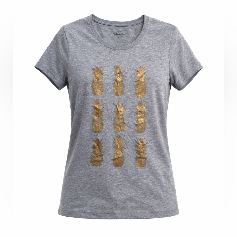 J. Crew Collector Tee Women’s Dark Heather Grey/Gold Metallic Pineapple Shirt XS